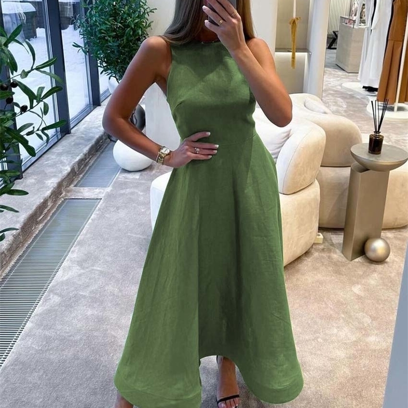 Oymimi Elegant Green Cotton Womens Dress Fashion O-Neck Sleeveless Dresses Casual High Waist A-Line Mid-Calf Dresses Female 250703