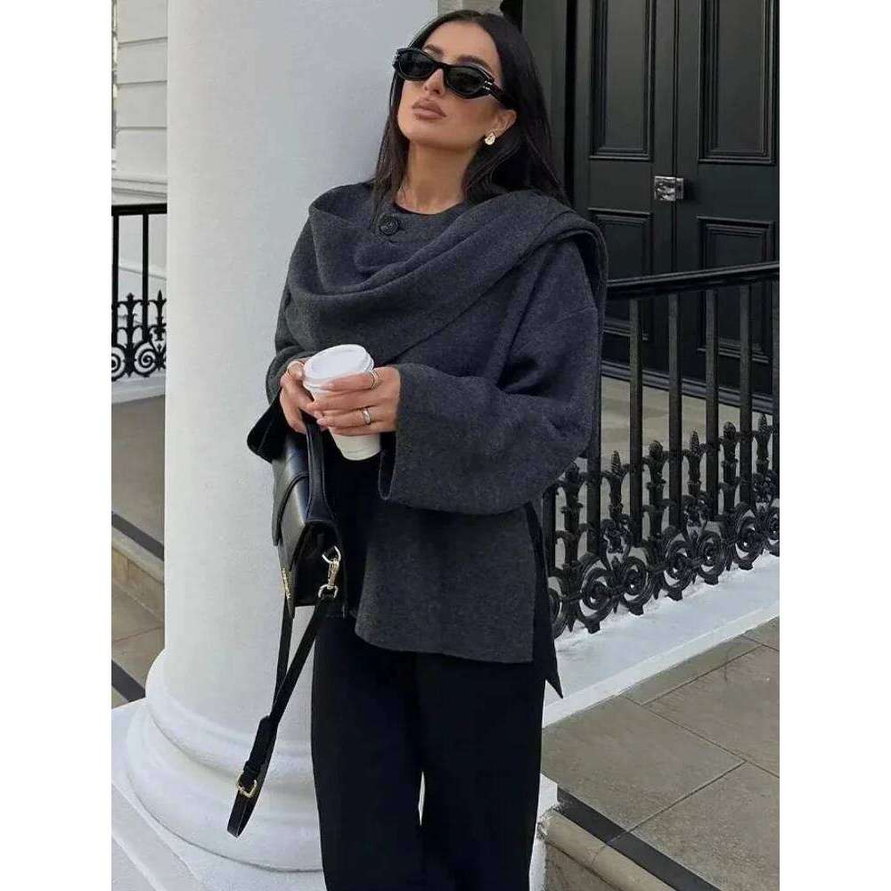 ZBZA Women's Asymmetric Scarf Knitted Jacket O-neck Single Button Side Slit Solid Loose Coat Winter New Female Chic Outerwear