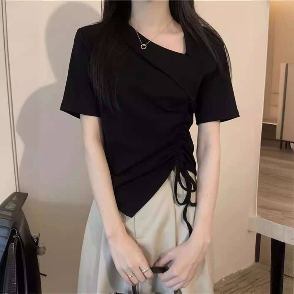 New Korean Style Sweet Elegant Design Sense Niche Irregular Drawstring Unique V-Neck Short Sleeve T-Shirt Top For Women B5