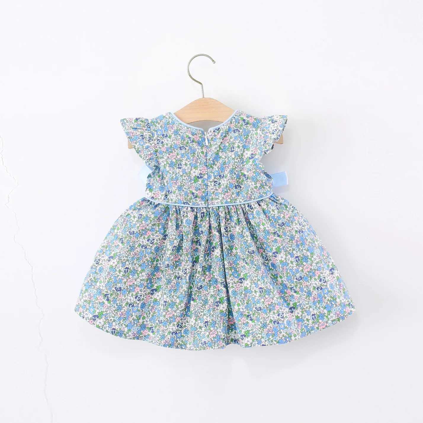 Summer New Blue Floral Baby Girl Dress Sweet Bow ChildrenS Sleeveless Clothes (9 Months - 4 Years Old) R250707
