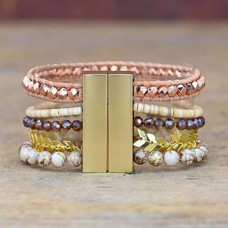 bohemian Handmade Rose Quartz Healing Plum Blossom Shape Natural Stone 5 Layer Bracelet