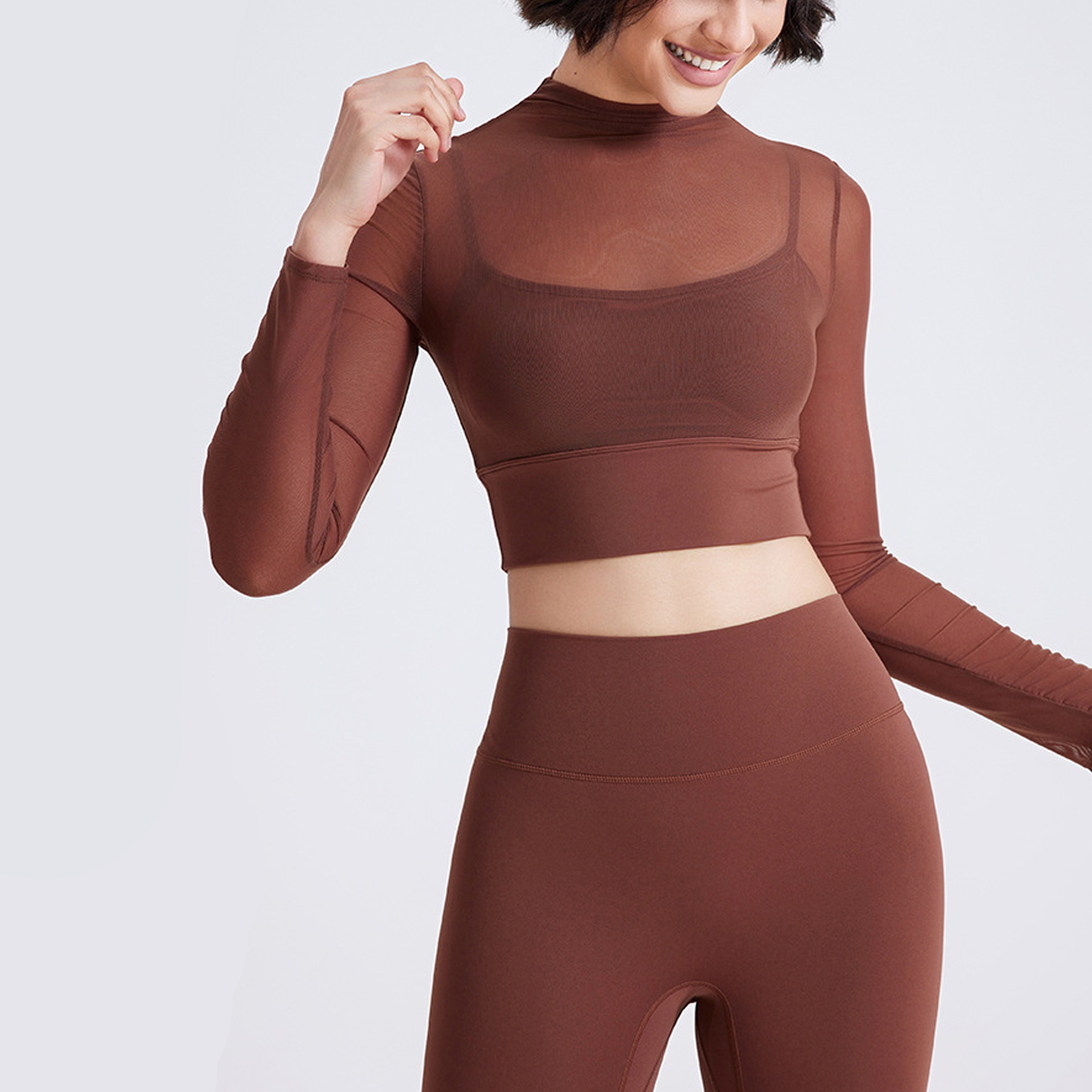 Sexy Mesh Yoga Wear Long Sleeve with Pads Running Quick Dry Sports Bra One Cup Fitness Clothing Tops