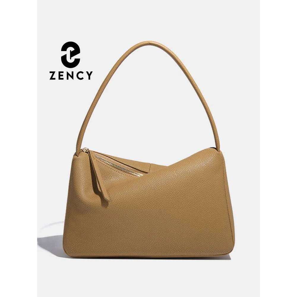 zency elegant genuine leather tophandle for women simple shoulder handbag ladies underarm bag beige brown top zipper