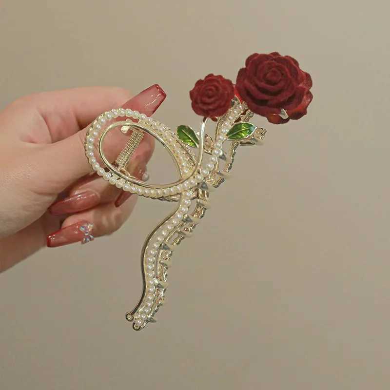 Retro New Rhinestone Rose Grasp Clip Womens Ponytail Shark Clip Hair Claw Hair Clip Elegant Girl Fashion Hair Accessories Z250707
