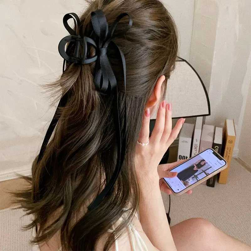 1pc Black ribbon bow clip new style back of the head dished hair clip frosted hair clip female shark clip hair accessory Z250707