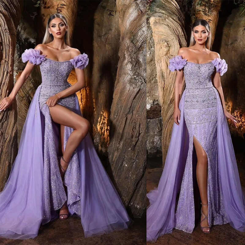 Illusion Evening Dresses Mermaid Appliques Bead Crystal Split Detachable Train Prom Gown Party Dress Vestido De Noite Plus Size Special Occasion Custo