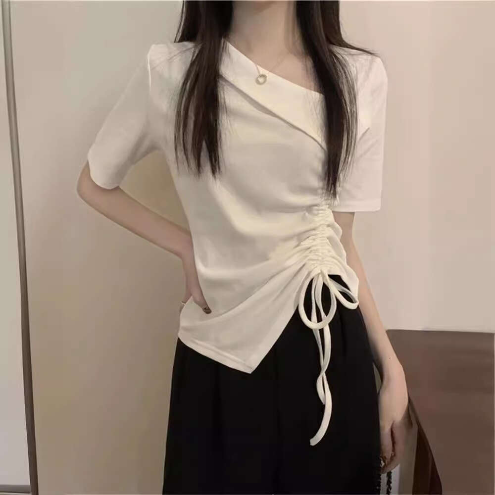 New Korean Style Sweet Elegant Design Sense Niche Irregular Drawstring Unique V-Neck Short Sleeve T-Shirt Top For Women B5