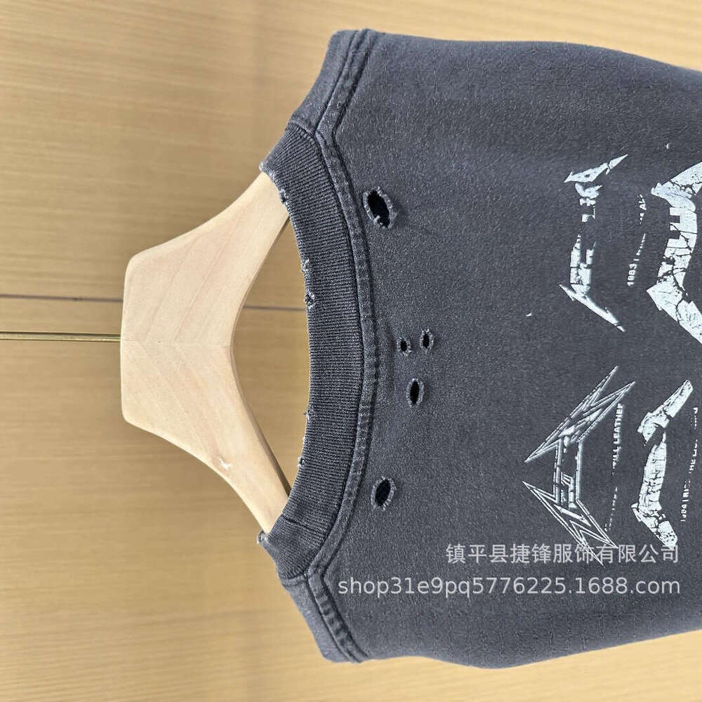 New American Style Letter Print Washed Vintage T-Shirt with Holes Loose Fit High Street Unisex Short Sleeve