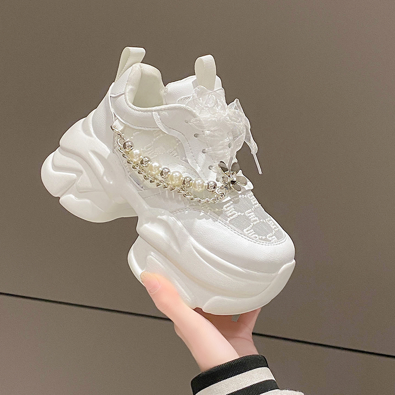 Women's Summer Platform Sneakers Breathable Mesh Lace Casual Shoes Comfortable Luxury Pearl Embellished Non Slip Running Shoes Woman Thick Bottom