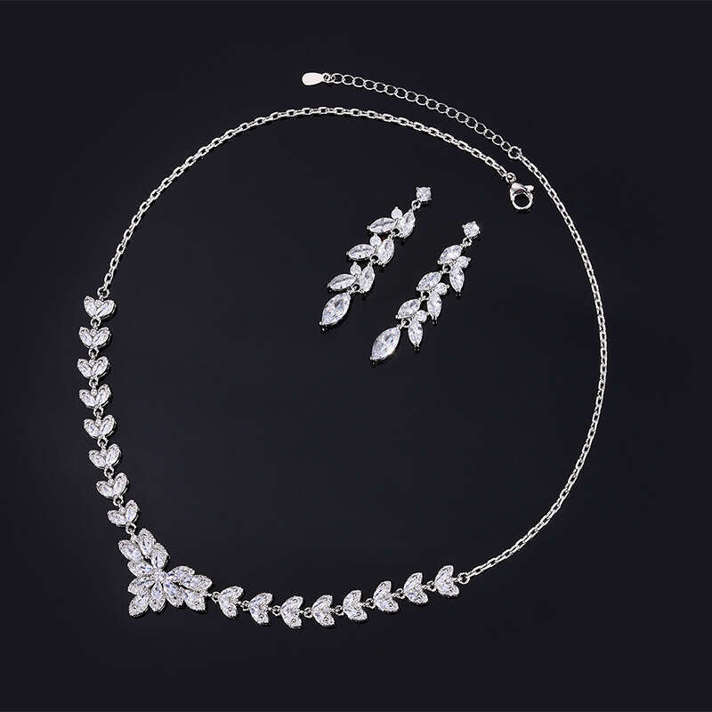 New Zircon Jewelry Bridal Necklace Earrings Set Wedding Dress Accessories 341