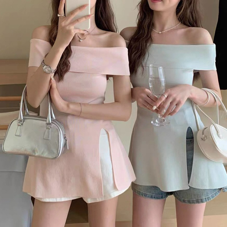 2025 Summer new women's T-shirt Summer new Korean style pure desire split shoulder waist knit top New designer T-shirt Irregular women's sho