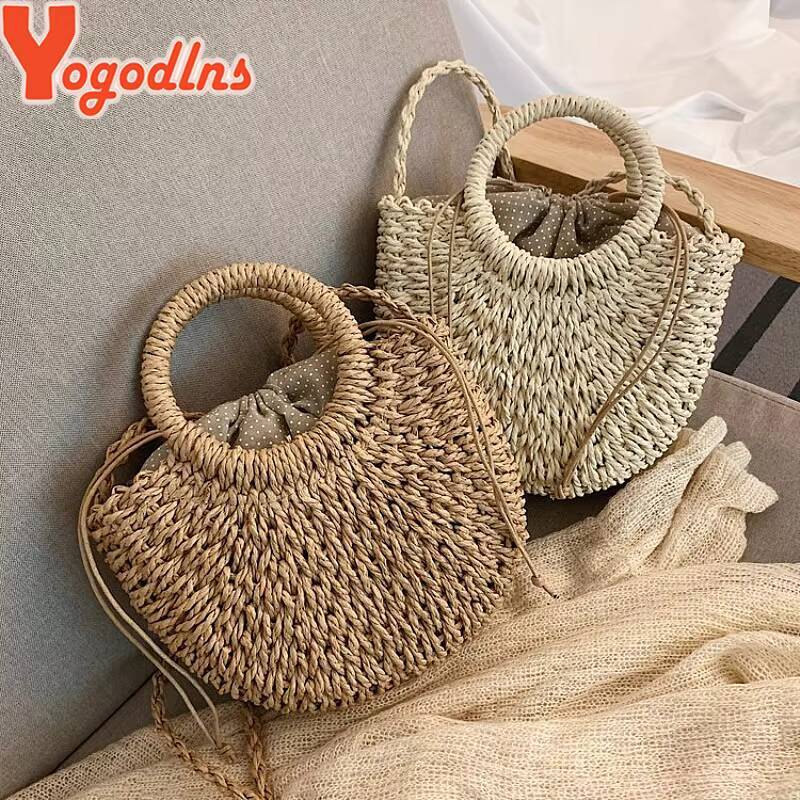 Yogodlns Handmade Half-Round Rattan Woven Straw Bag Summer Women Messenger Crossbody Bags Girls Small Beach Handbag New ddmynov