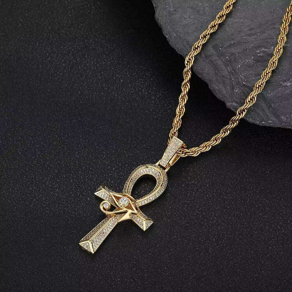 Nuoya Ancient Egyptian Amulet Cross Bling CZ Stone Gold Plated Eye of Horus Ankh Pendant Necklace for Men