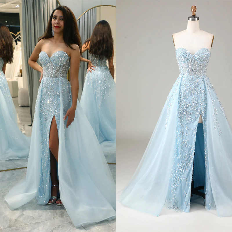Blue Stunning Lace Long Prom Dress Sparkling Sequins A-Line Birthday Party Gown Customized Plus Size Formal Occasion vestido de novia