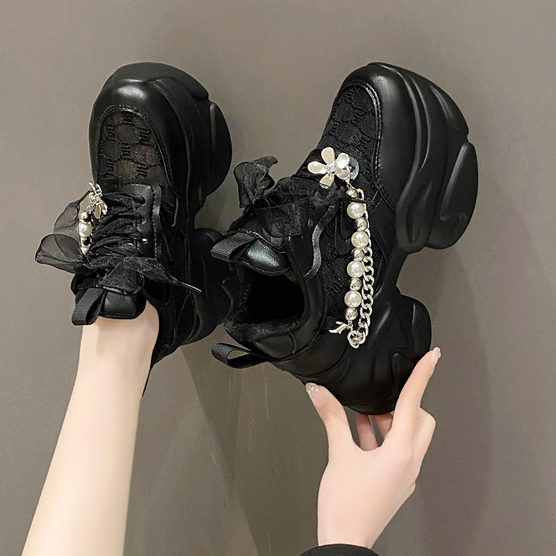 Women's Summer Platform Sneakers Breathable Mesh Lace Casual Shoes Comfortable Luxury Pearl Embellished Non Slip Running Shoes Woman Thick Bottom