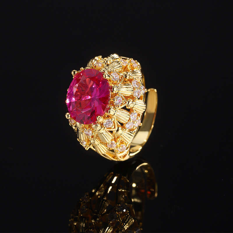 Copper Plated Jewelry Ring Pink Pigeon Blood Imitation Red Corundum Zircon Full Diamond Women's 560
