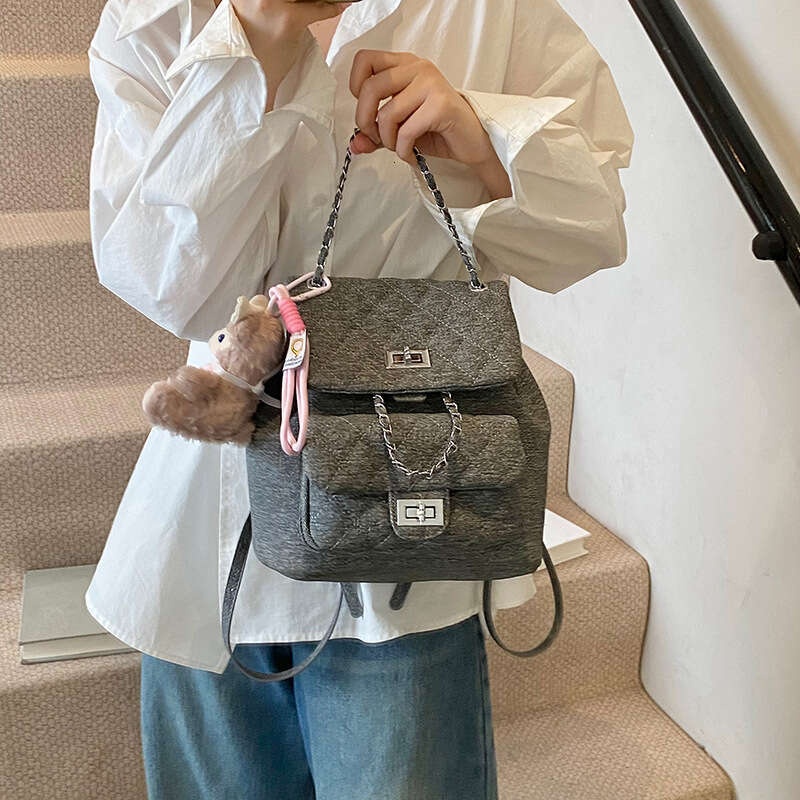 Chanel Style Free shipping Quilted Chain Small Backpack for Women 2025 New Casual Student School Niche Denim-Like Double Shoulder Bag