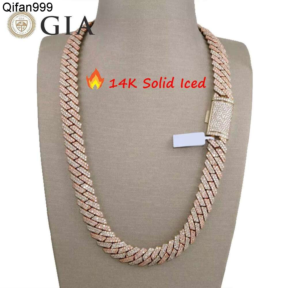 Hip Hop Jewelry 14Mm Real 14K Gold Fork Inlay Vs. Natural Chilled Cuban Chain Necklace And Bracelet