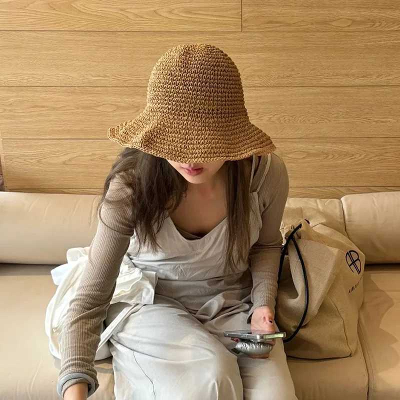 Straw Hat Womens Summer Simple Handmade Straw Woven Retro Fisherman Hat Big Edge Foldable Sun Hat Y250707