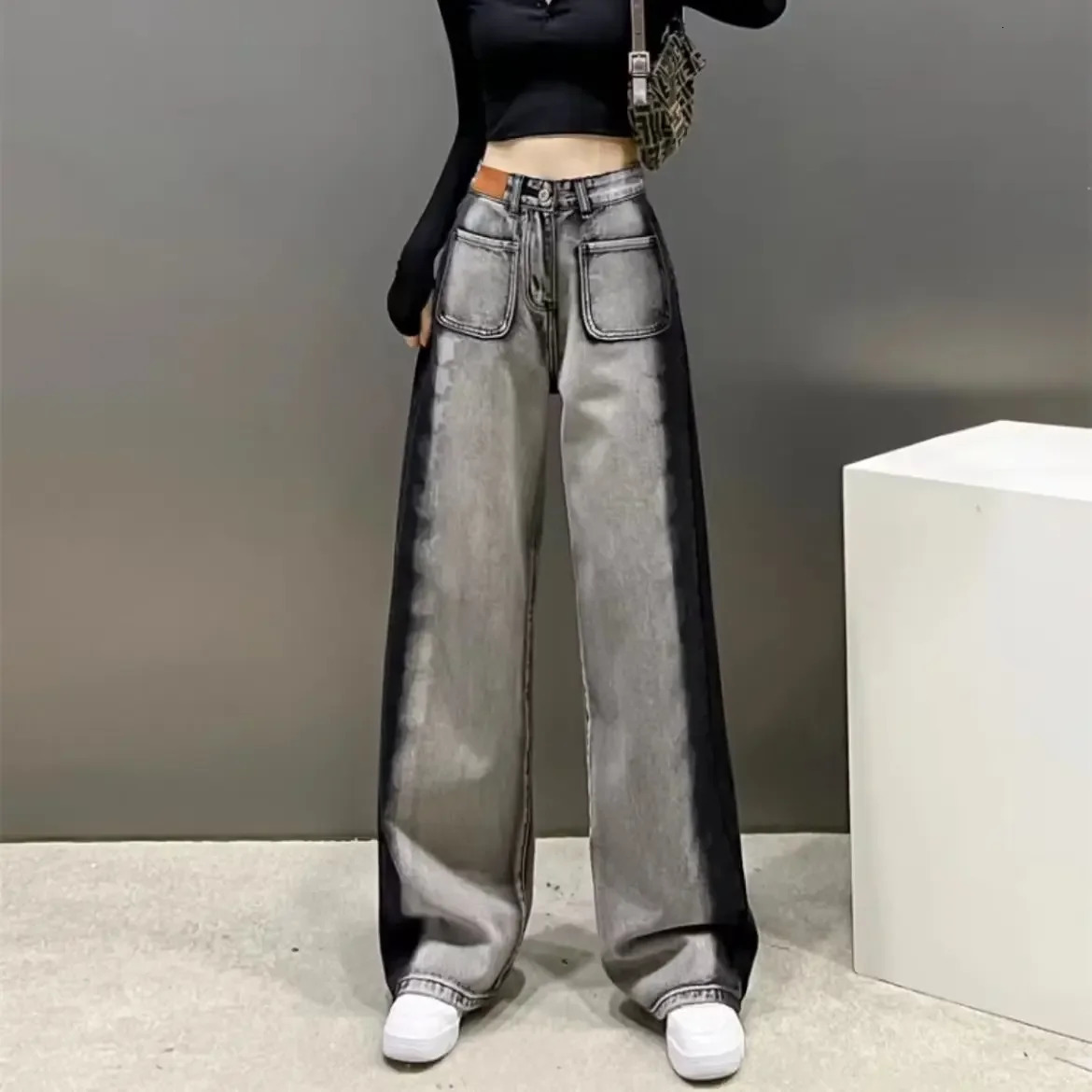 Black High-waisted Straight-leg Wide-leg Jeans Womens Trendy Slimming Arrival Spring Summer Sensibility Grey 250707