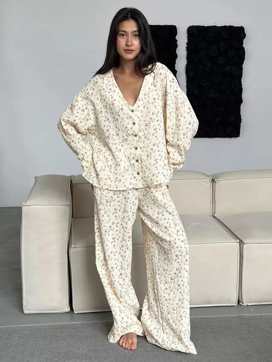 Muzuleva 100% Cotton Printed Cardigan Pajama Set Womens Autumn Long Sleeved Pants Pajamas Loose Home Clothing 2-piece Set 250708