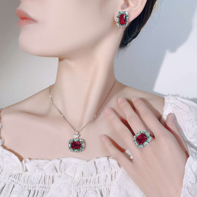 Wind Jewelry Set Necklace Ring Earrings Red Corundum Color-Changing High-End Light Fashion Women De3