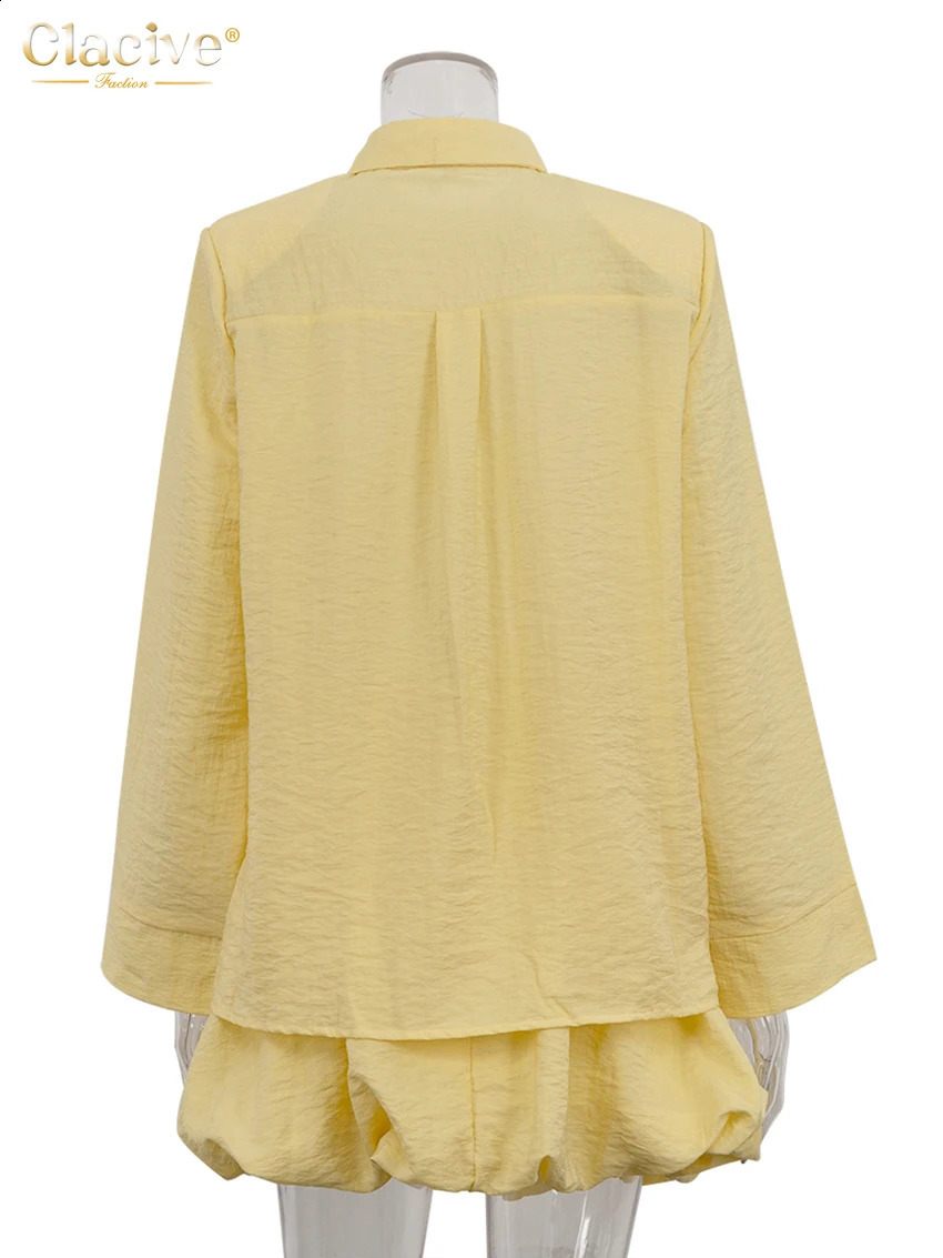 Clacive Fashion Loose Yellow Womens Two Pieces Set 2025 Elegant Long Sleeve Shirt With High Waist Pleated Mini Skirt Set Female 250703