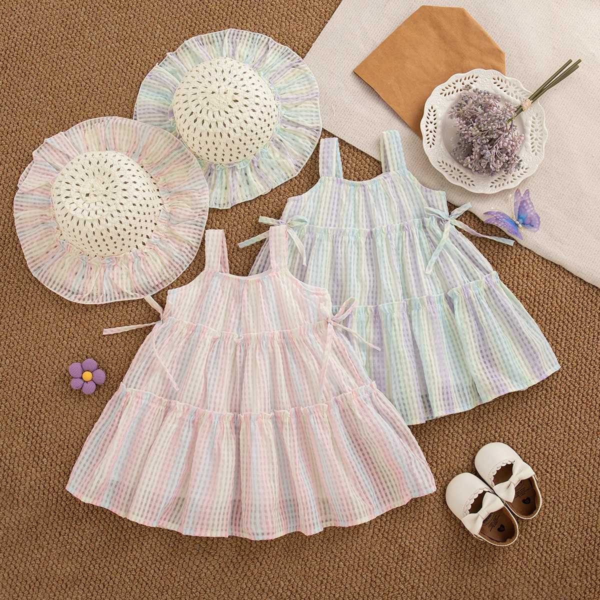 Girl Pink Dress Bow Colorful Plaid Print Suspender Girl Princess Dress Summer Beach Vacation Costume with Hat R250707