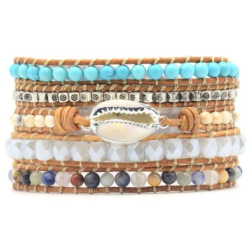 Stone Alloy Genuine Leather Unisex Cuff Rope Bead 5-Pack Adjustable Shell Bracelet