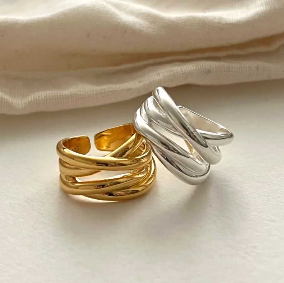925 Sterling Silver Rings for Women Fashion Geometric Handmade Irregular Interware Gold Ring Party Christmas Gift XJ250707
