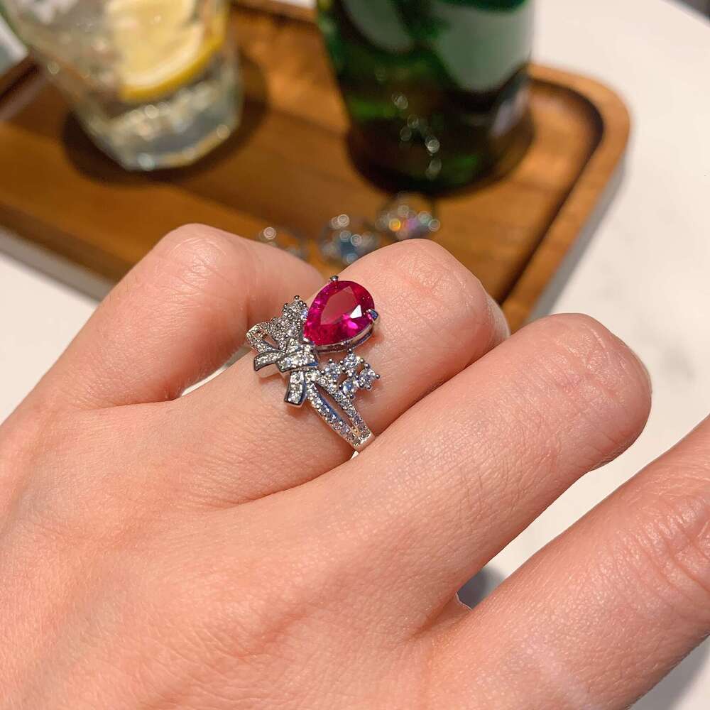 Live New Pear-Shaped Full Diamond Paraiba Blue Zircon Gemstone Ring 75F