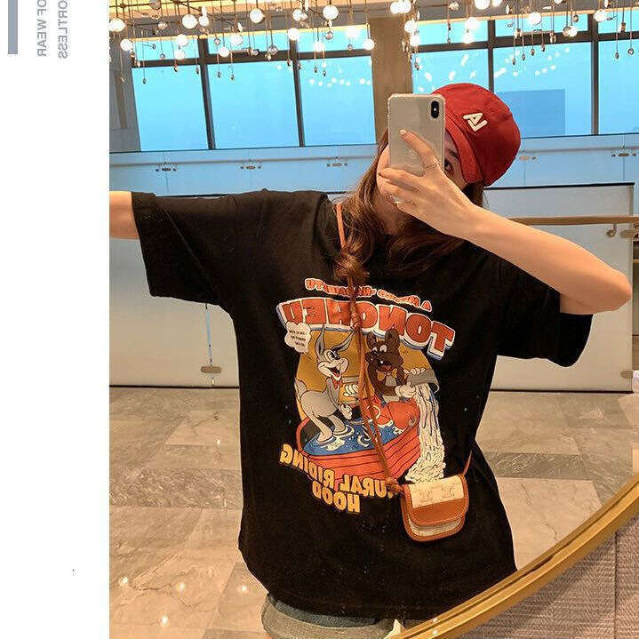 Summer New Korean Style Pure Cotton Cartoon Print Round Neck Short Sleeve T-Shirt For Women Loose Casual Versatile Top B5