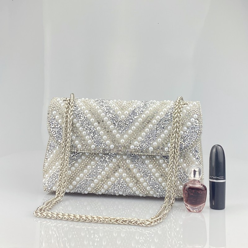 Retro evening gown, elegant lady, rhinestone clutch bag with diamond and colored diamond chain, cheongsam for a formal dinner party