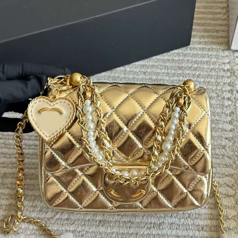 17cm Designer Crossbody Bags Pearl Chain Handbags Women Fashion Shoulder Bag Leather Square 2025 Ladies Handbag Gold