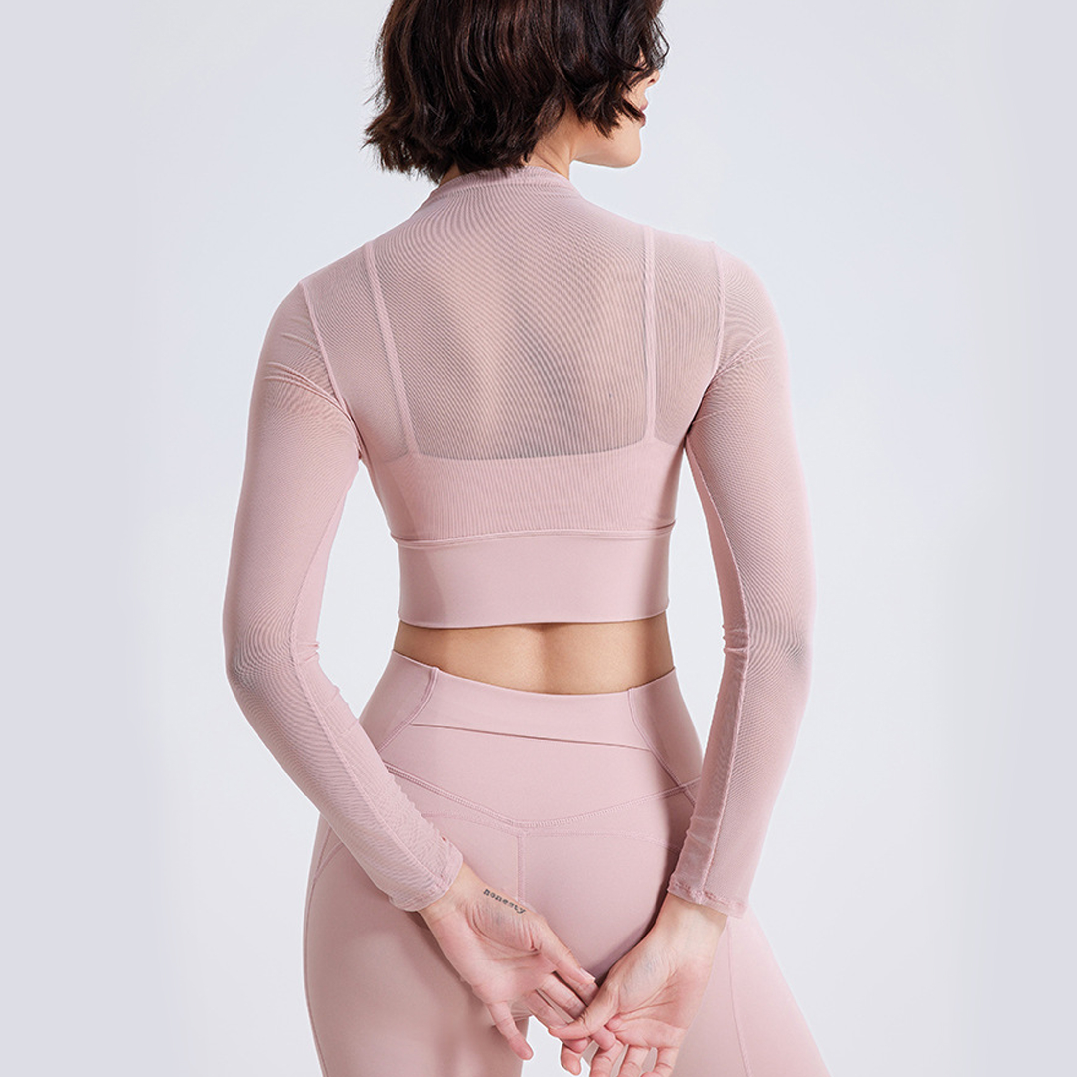 Sexy Mesh Yoga Wear Long Sleeve with Pads Running Quick Dry Sports Bra One Cup Fitness Clothing Tops