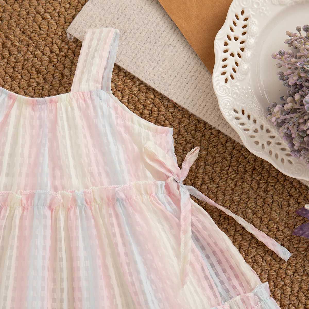 Girl Pink Dress Bow Colorful Plaid Print Suspender Girl Princess Dress Summer Beach Vacation Costume with Hat R250707