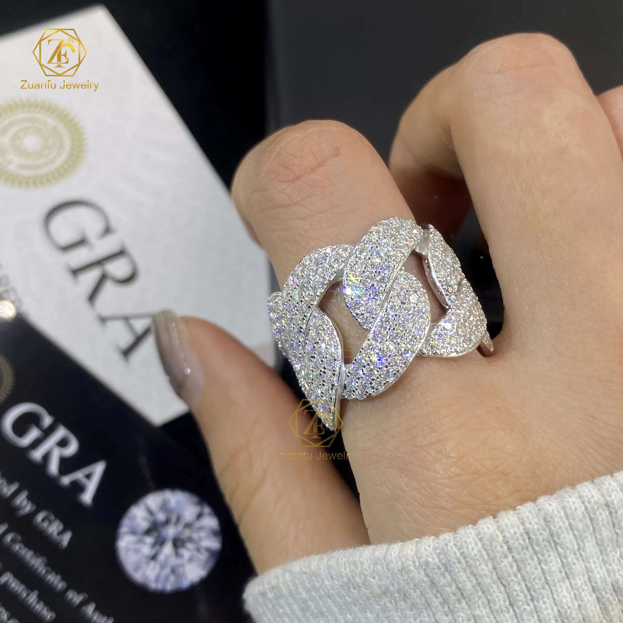 RTS 7mm 18mm Moissanite Diamond Cuban Link Ring 925 Sterling Silver VVS Gold Plated Ring Fine Jewelry for Men