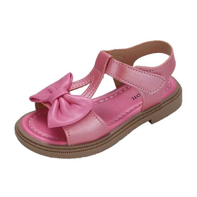 2024 Girls Sandals Bowtie T-strap Style Soft Summer New Simple Child Sandals Princess Non-slip Open-toe Kids Shoes Hook Loop R250707