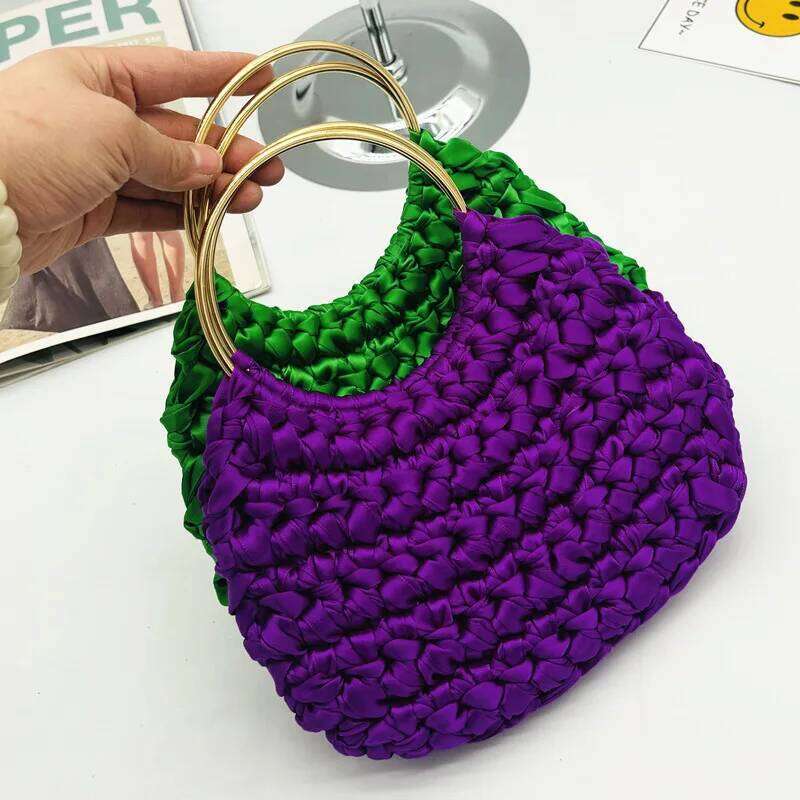 Fashion Nylon Crochet Handbag Metallic Round Handle Clutch Bag Handmade Silk Ribbon Woven Bags For Women Knitting Purses