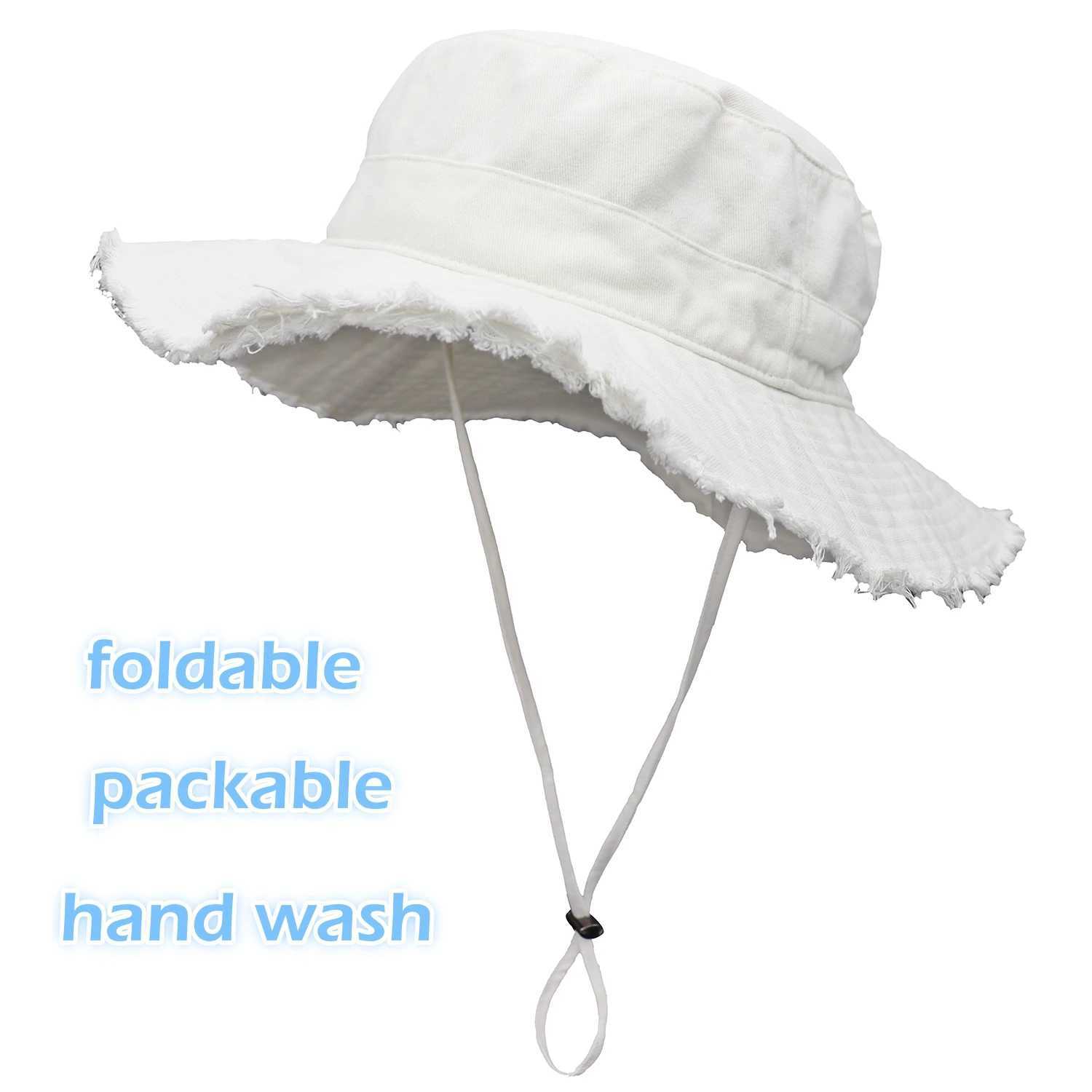 Connectyle Womens UPF50+ Cotton Wide Brim Sun Hat with Strap Ladies Summer Floppy Hats Packable Women Washed Fringes Bucket Hat Y250707