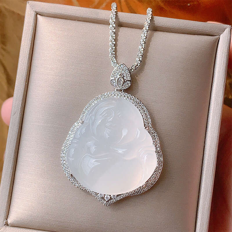 Huayoumei Jewelry Green White Chalcedony Laughing Buddha New Chinese Accessories National Style Maitreya Necklace Pendant 401