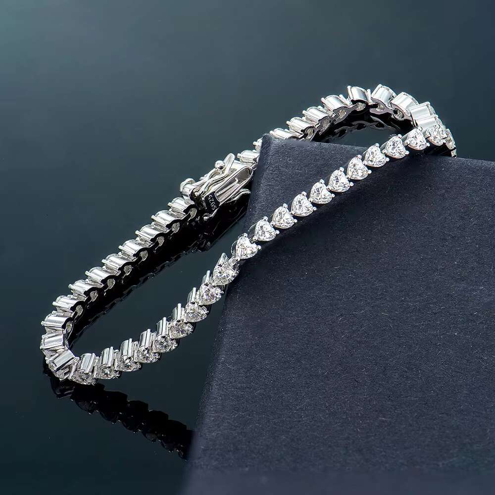 White Gold Plated Hiphop Jewelry 6mm Tennis Link Chain with 3*3 Heart Moissanite 925 Silver Bracelet