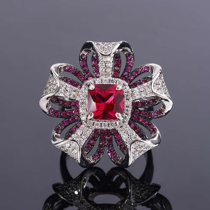 Red 3D Petal Full Diamond Blue Zircon Imitation Gemstone Ring 5Ba