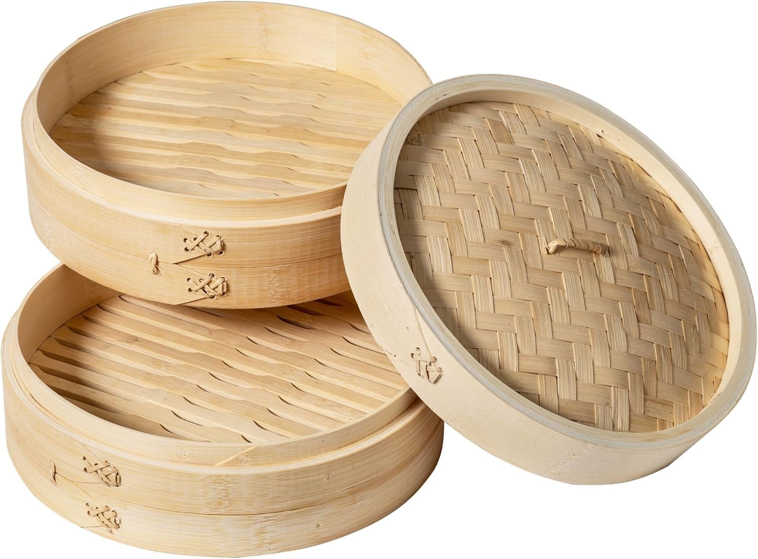10 Inch 2-Tier Natural Bamboo Steamer - Reinforced Handle & Liner for Dumplings, Dim Sum, Buns | Traditional Chinese/Japanese Steamer Basket for Veget