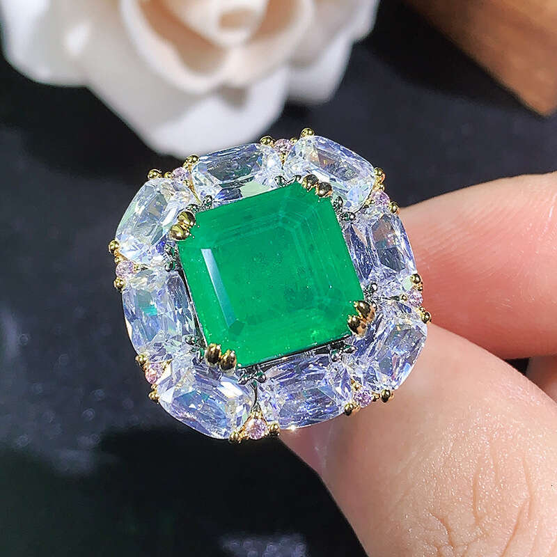 Hua Youmei Jewelry Set Emerald Zircon Square Earrings High-End Elegant Ear Accessories Studs Rings 956