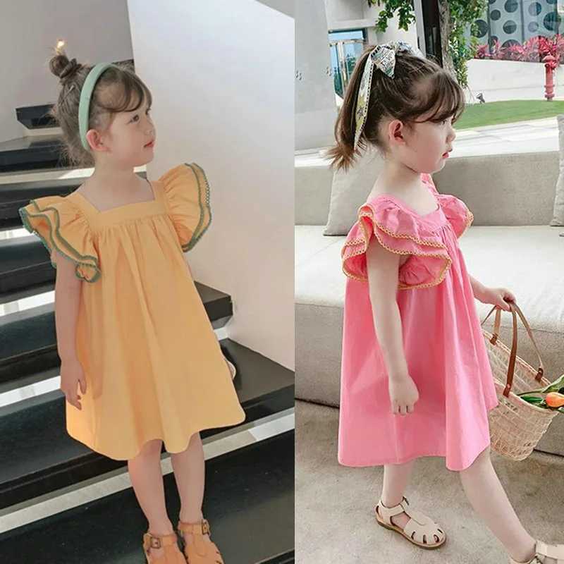 Girls Dress Flying Sleeves Square Collar Sweet Dress Princess Dresses 2022 Summer New Baby Kids Clothes Childrens Clothing R250707