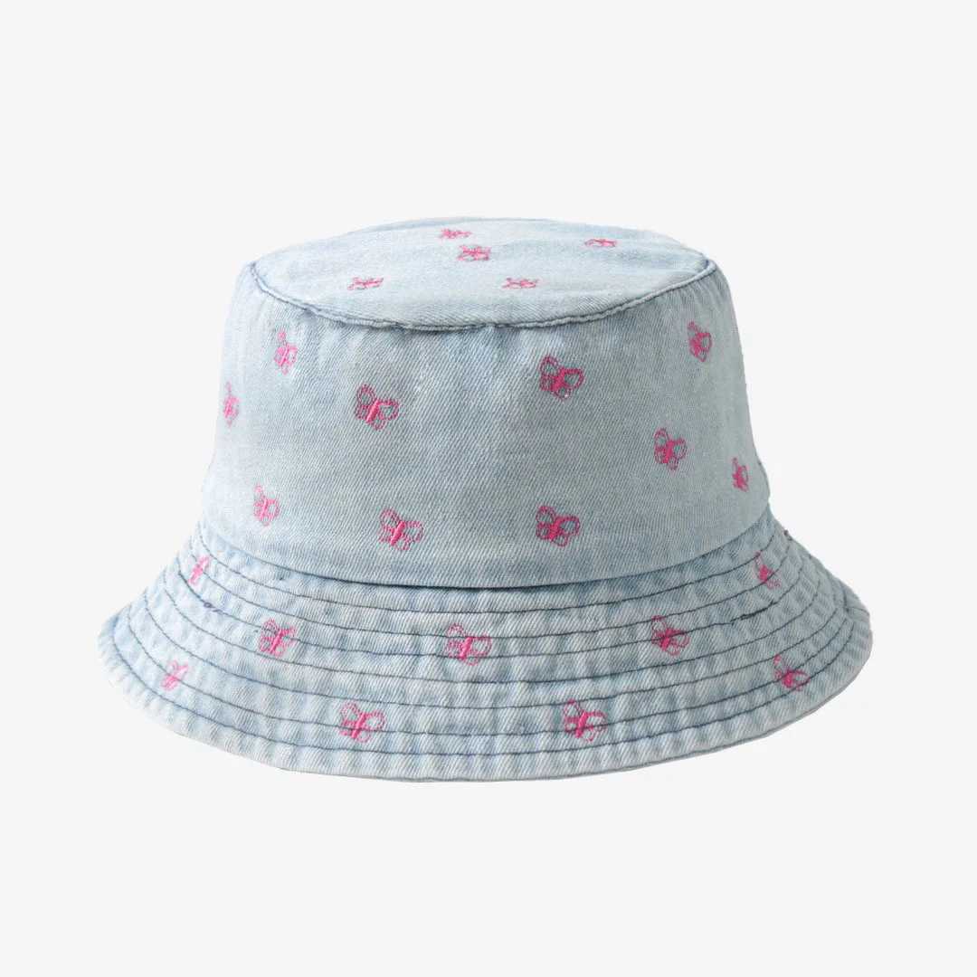 New Summer Hat For Women Denim Bucket Hat Embroidery Heart Butteryfly Daisy Wide Brim Fisherman Spring Best Matched Sun Hat Y250707