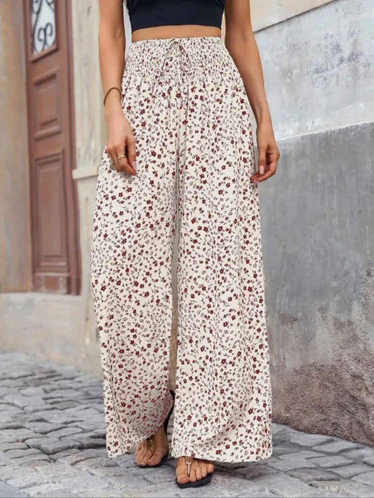Plus Size 1XL5XL Women Fashion Floral Print Wide Leg Pants Female Casual Elegant Drawstring High Waisted Loose Long y250628