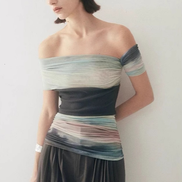 2025 Summer new women's T-shirt gradient mesh off shoulder T-shirt women's new pleated gradient color women's T-shirt new designer T-sh