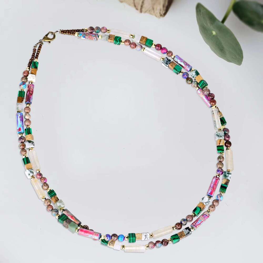 Bohemian Double-Layer Beaded Handmade Jewelry with Malachite Imperial Jasper Stone Necklace